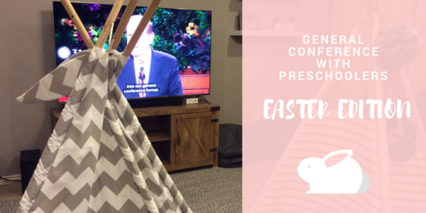Child's play teepee set up in front of the television displaying general conference